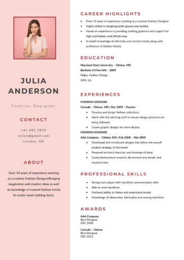 Free Fashion Designer Resume Template - Free Download