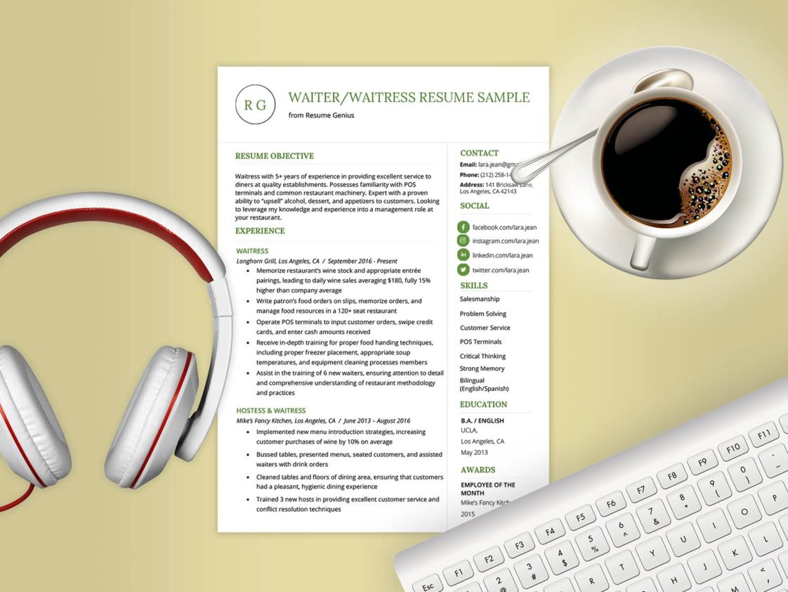 Download Free Waiter / Waitress Resume Template with Sample Text - Free Download