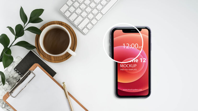 Free Iphone 12 On A Desk Mockup Psd Free Download