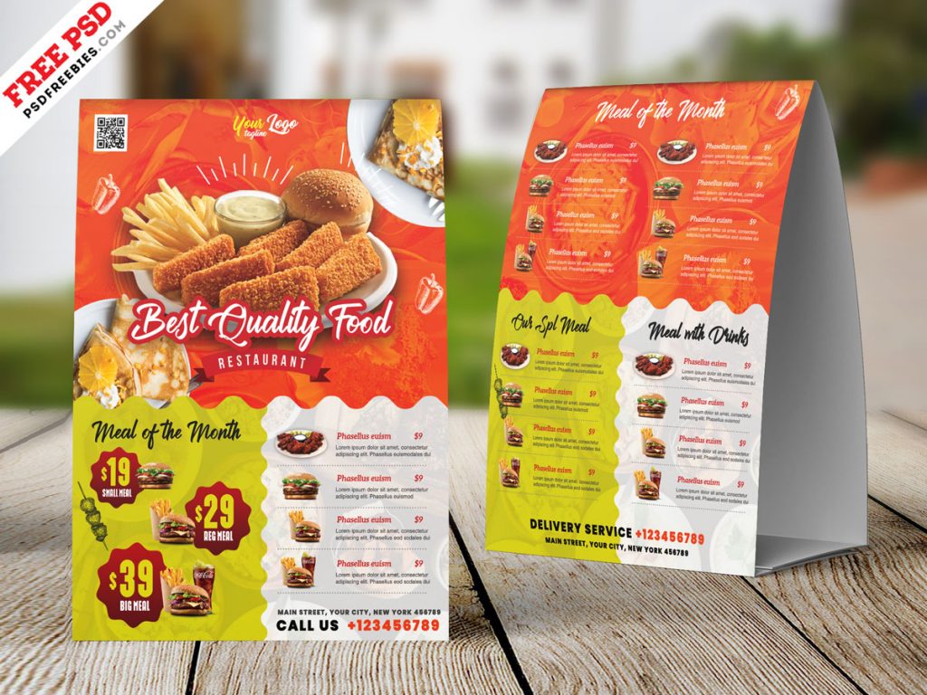 A4 Size Restaurant Table Tent Card PSD Template Free Download